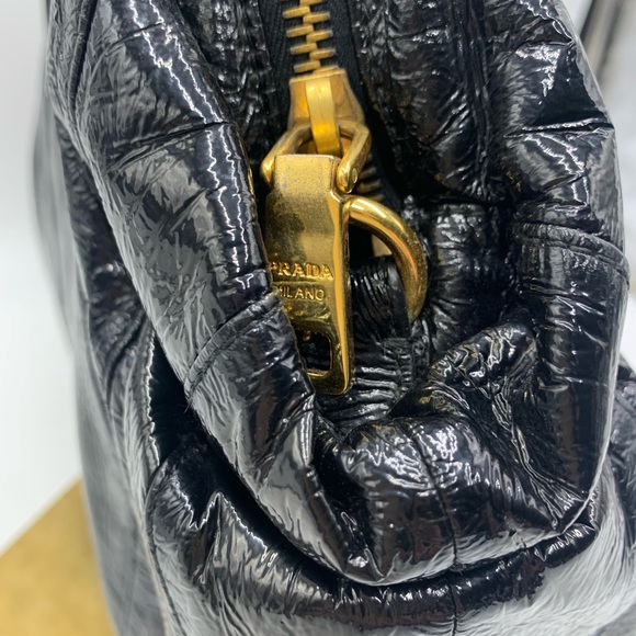 Auth Prada Black Patent Leather Whipstitch Tonal Stripe Satchel Lightweight - Picture 8 of 16